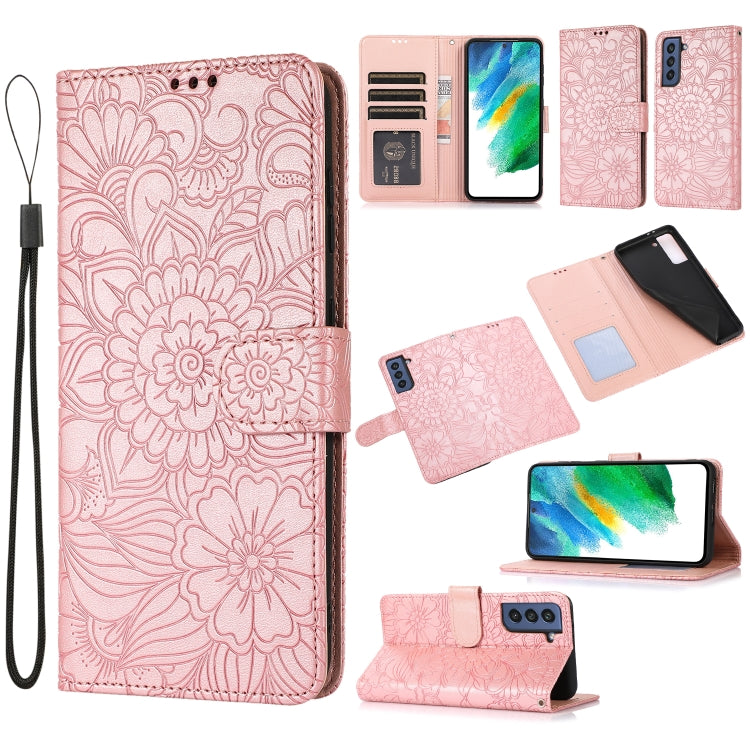 For Samsung Galaxy S21 FE Skin Feel Embossed Sunflower Horizontal Flip Leather Case with Holder & Card Slots & Wallet & Lanyard