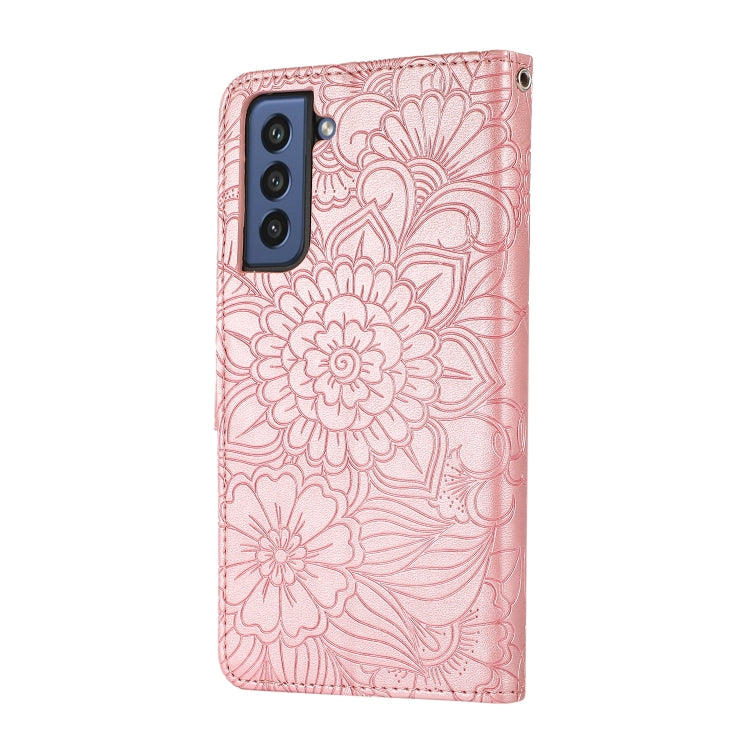 For Samsung Galaxy S21 FE Skin Feel Embossed Sunflower Horizontal Flip Leather Case with Holder & Card Slots & Wallet & Lanyard