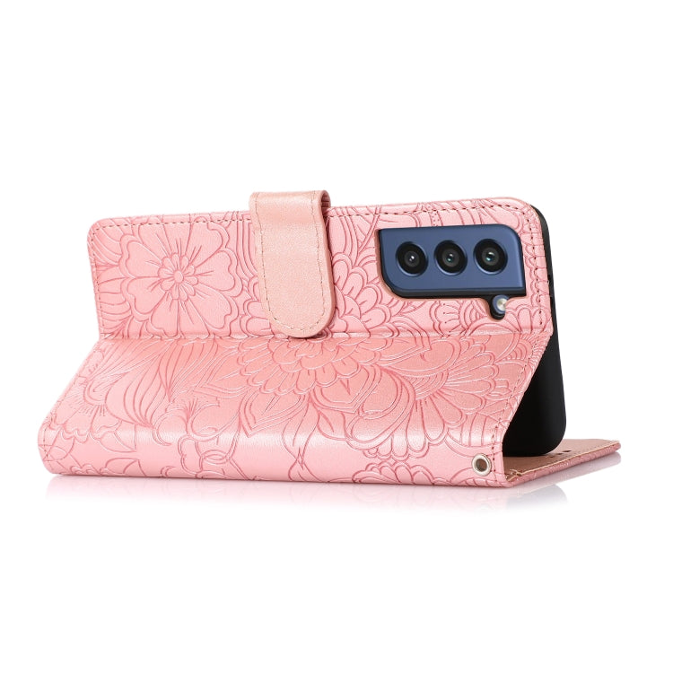 For Samsung Galaxy S21 FE Skin Feel Embossed Sunflower Horizontal Flip Leather Case with Holder & Card Slots & Wallet & Lanyard