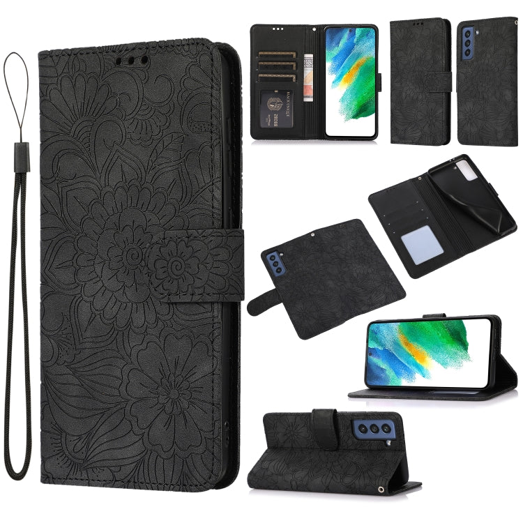 For Samsung Galaxy S21 FE Skin Feel Embossed Sunflower Horizontal Flip Leather Case with Holder & Card Slots & Wallet & Lanyard