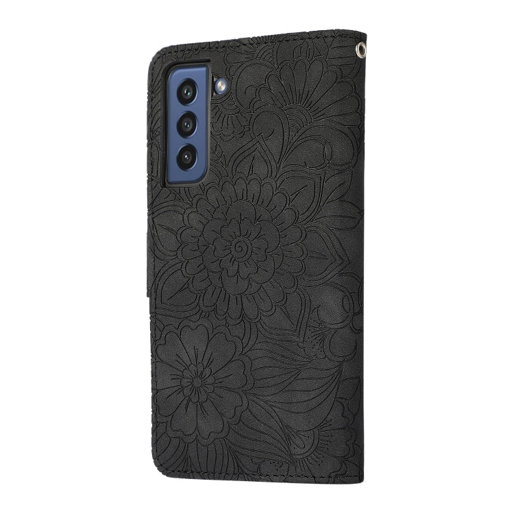 For Samsung Galaxy S21 FE Skin Feel Embossed Sunflower Horizontal Flip Leather Case with Holder & Card Slots & Wallet & Lanyard