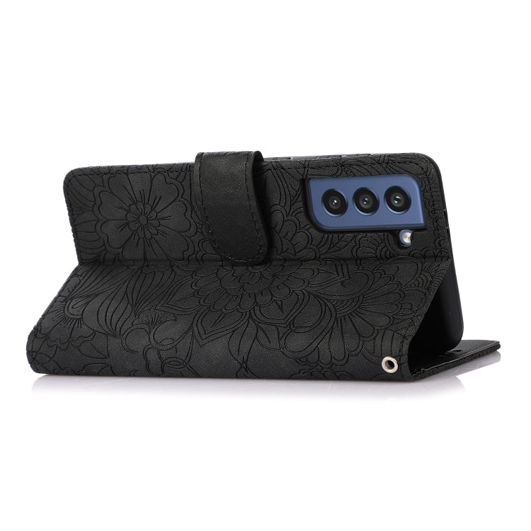 For Samsung Galaxy S21 FE Skin Feel Embossed Sunflower Horizontal Flip Leather Case with Holder & Card Slots & Wallet & Lanyard