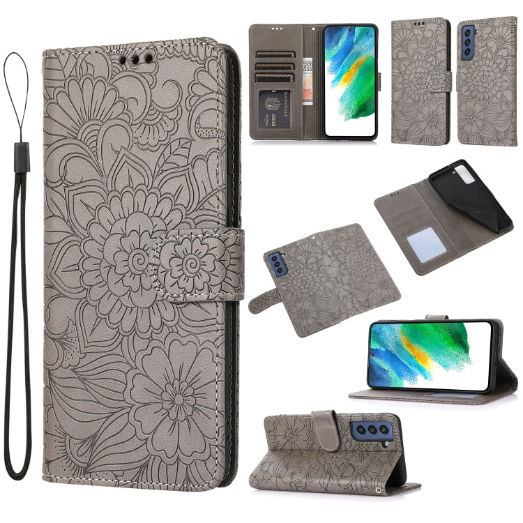 For Samsung Galaxy S21 FE Skin Feel Embossed Sunflower Horizontal Flip Leather Case with Holder & Card Slots & Wallet & Lanyard
