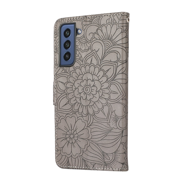 For Samsung Galaxy S21 FE Skin Feel Embossed Sunflower Horizontal Flip Leather Case with Holder & Card Slots & Wallet & Lanyard