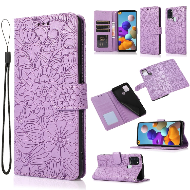 For Samsung Galaxy A21s Skin Feel Embossed Sunflower Horizontal Flip Leather Case with Holder & Card Slots & Wallet & Lanyard