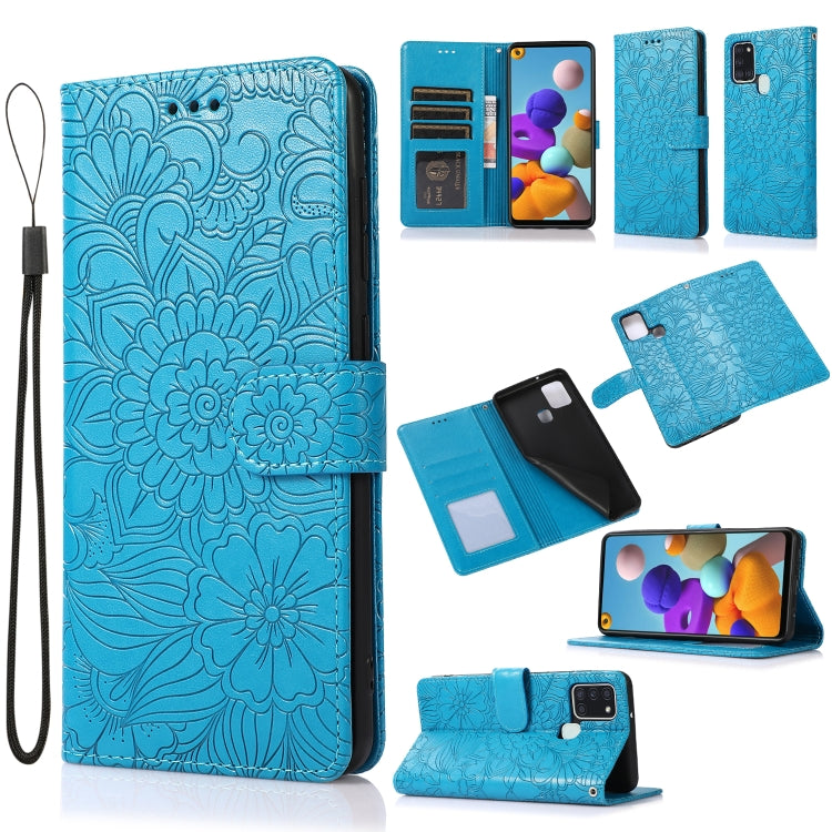 For Samsung Galaxy A21s Skin Feel Embossed Sunflower Horizontal Flip Leather Case with Holder & Card Slots & Wallet & Lanyard