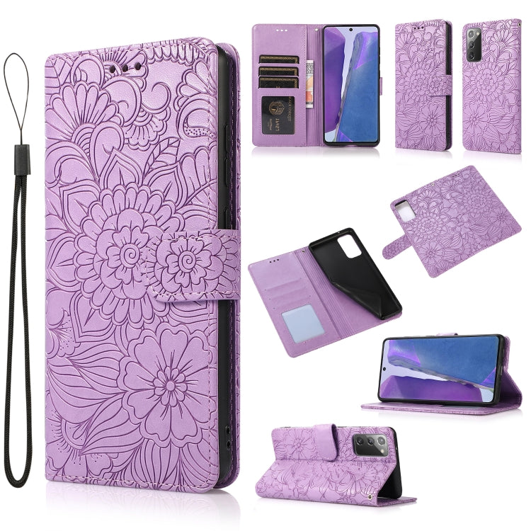 For Samsung Galaxy Note20 Skin Feel Embossed Sunflower Horizontal Flip Leather Case with Holder & Card Slots & Wallet & Lanyard
