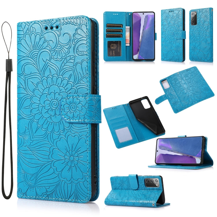 For Samsung Galaxy Note20 Skin Feel Embossed Sunflower Horizontal Flip Leather Case with Holder & Card Slots & Wallet & Lanyard