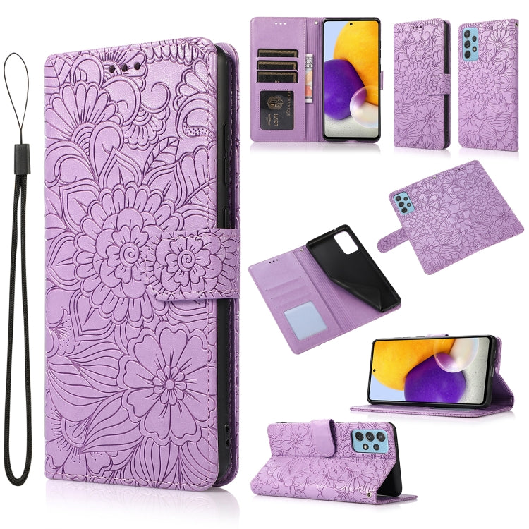 For Samsung Galaxy A72 5G / 4G Skin Feel Embossed Sunflower Horizontal Flip Leather Case with Holder & Card Slots & Wallet & Lanyard