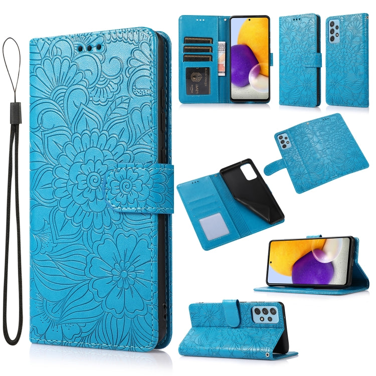 For Samsung Galaxy A72 5G / 4G Skin Feel Embossed Sunflower Horizontal Flip Leather Case with Holder & Card Slots & Wallet & Lanyard