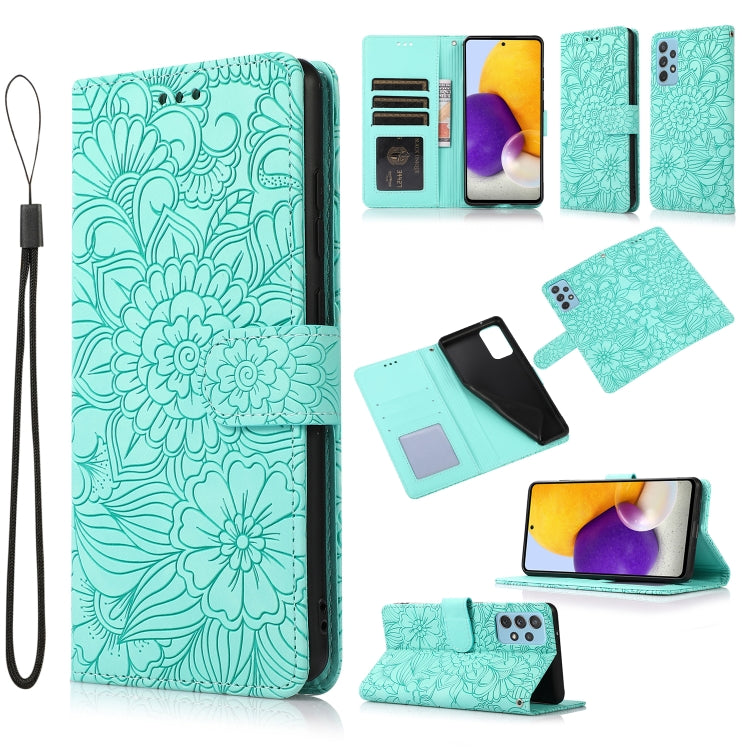 For Samsung Galaxy A72 5G / 4G Skin Feel Embossed Sunflower Horizontal Flip Leather Case with Holder & Card Slots & Wallet & Lanyard