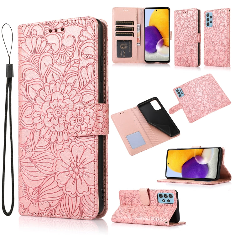 For Samsung Galaxy A72 5G / 4G Skin Feel Embossed Sunflower Horizontal Flip Leather Case with Holder & Card Slots & Wallet & Lanyard