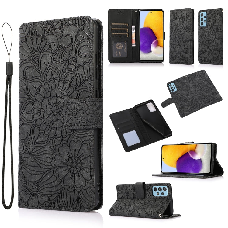 For Samsung Galaxy A72 5G / 4G Skin Feel Embossed Sunflower Horizontal Flip Leather Case with Holder & Card Slots & Wallet & Lanyard