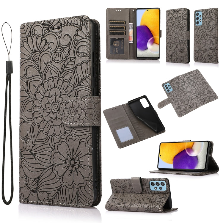 For Samsung Galaxy A72 5G / 4G Skin Feel Embossed Sunflower Horizontal Flip Leather Case with Holder & Card Slots & Wallet & Lanyard