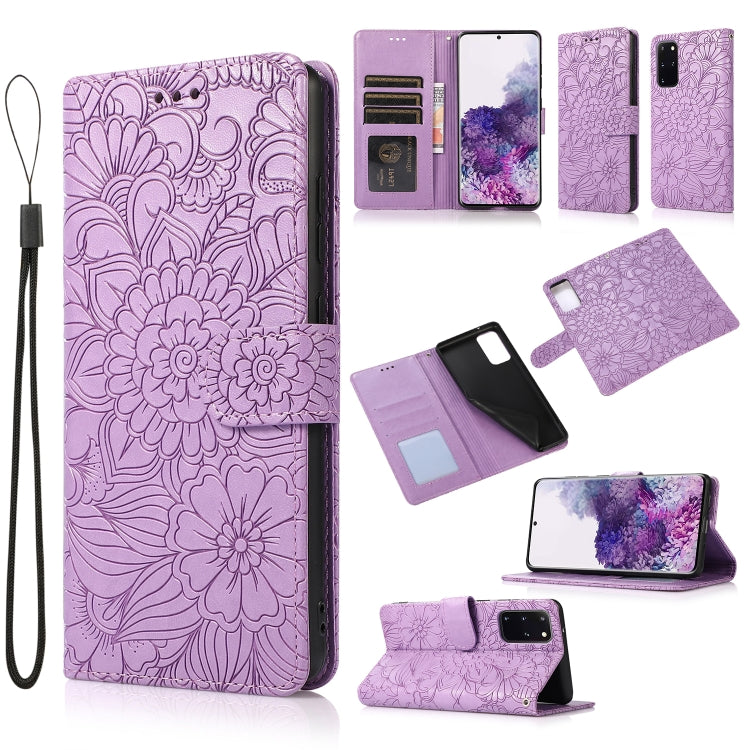 For Samsung Galaxy S20+ Skin Feel Embossed Sunflower Horizontal Flip Leather Case with Holder & Card Slots & Wallet & Lanyard