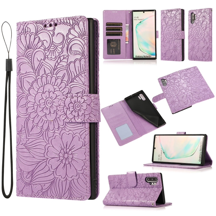 For Samsung Galaxy Note10+ Skin Feel Embossed Sunflower Horizontal Flip Leather Case with Holder & Card Slots & Wallet & Lanyard
