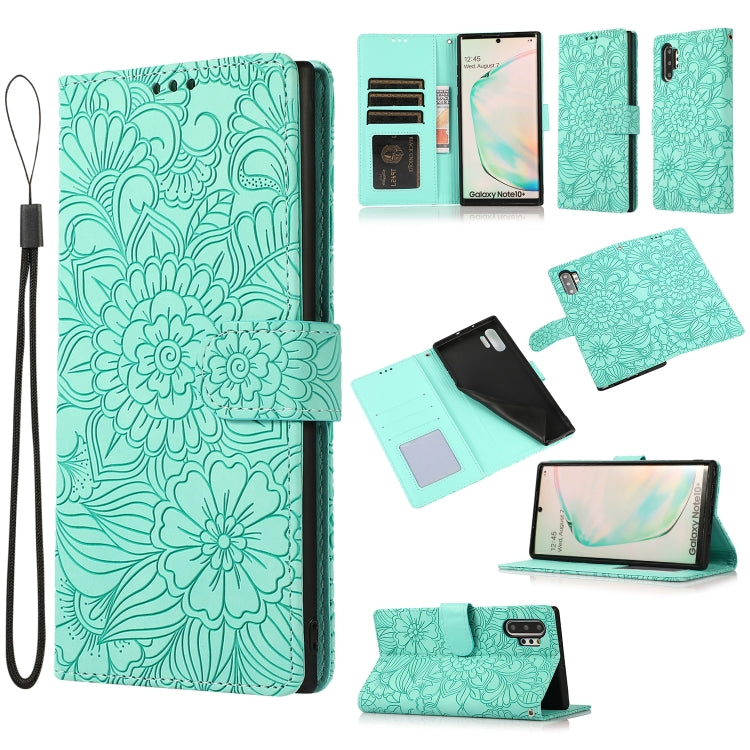 For Samsung Galaxy Note10+ Skin Feel Embossed Sunflower Horizontal Flip Leather Case with Holder & Card Slots & Wallet & Lanyard