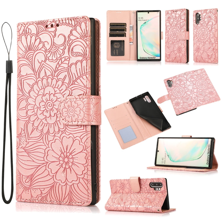 For Samsung Galaxy Note10+ Skin Feel Embossed Sunflower Horizontal Flip Leather Case with Holder & Card Slots & Wallet & Lanyard