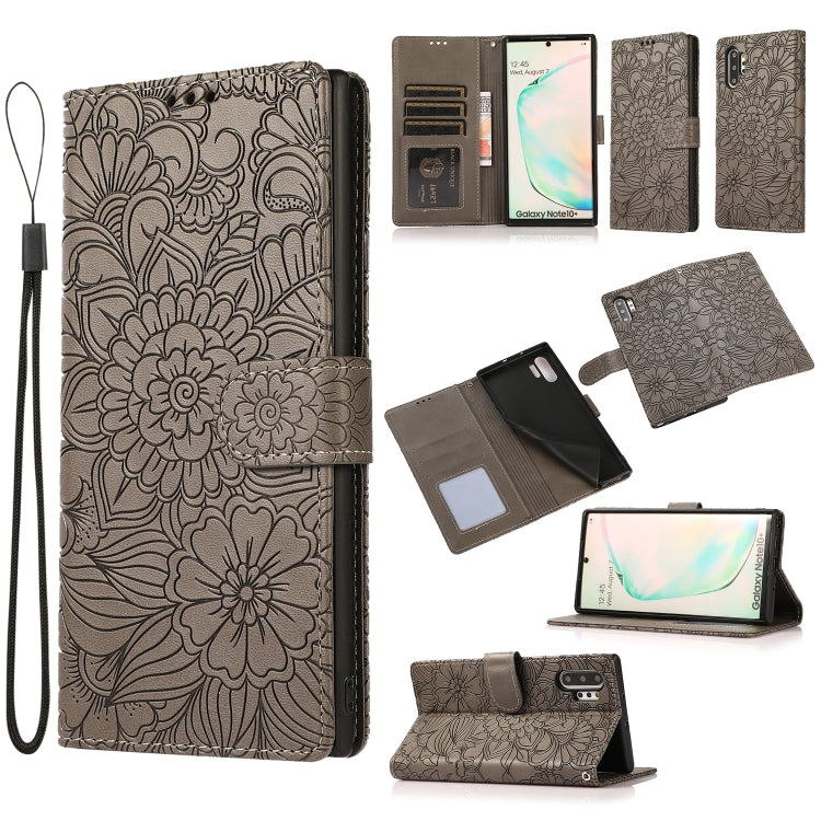 For Samsung Galaxy Note10+ Skin Feel Embossed Sunflower Horizontal Flip Leather Case with Holder & Card Slots & Wallet & Lanyard
