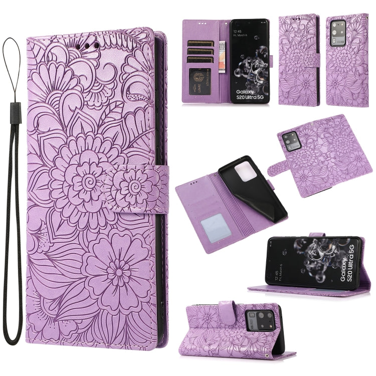 For Samsung Galaxy S20 Ultra Skin Feel Embossed Sunflower Horizontal Flip Leather Case with Holder & Card Slots & Wallet & Lanyard