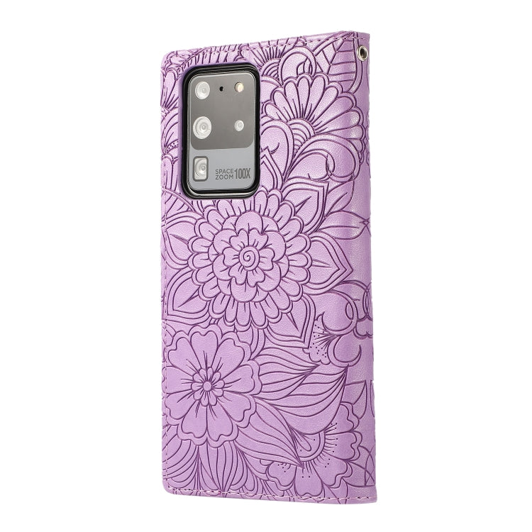 For Samsung Galaxy S20 Ultra Skin Feel Embossed Sunflower Horizontal Flip Leather Case with Holder & Card Slots & Wallet & Lanyard