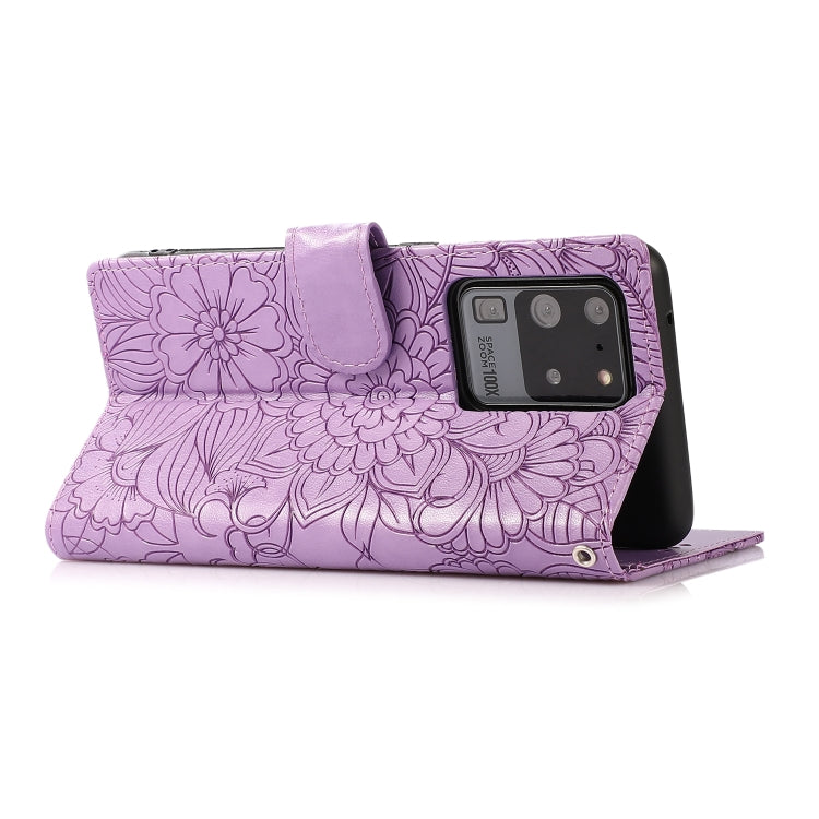 For Samsung Galaxy S20 Ultra Skin Feel Embossed Sunflower Horizontal Flip Leather Case with Holder & Card Slots & Wallet & Lanyard