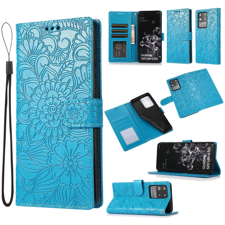 For Samsung Galaxy S20 Ultra Skin Feel Embossed Sunflower Horizontal Flip Leather Case with Holder & Card Slots & Wallet & Lanyard