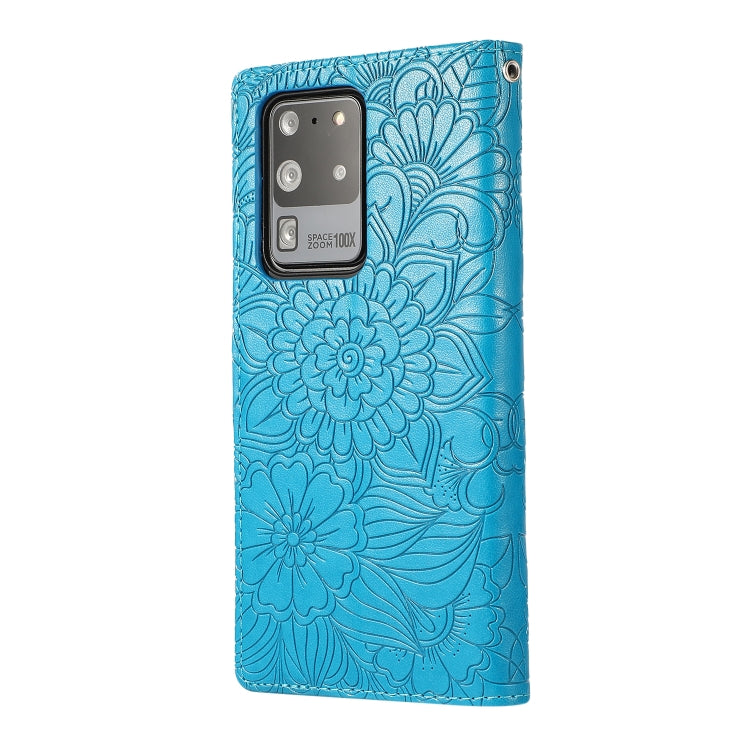 For Samsung Galaxy S20 Ultra Skin Feel Embossed Sunflower Horizontal Flip Leather Case with Holder & Card Slots & Wallet & Lanyard