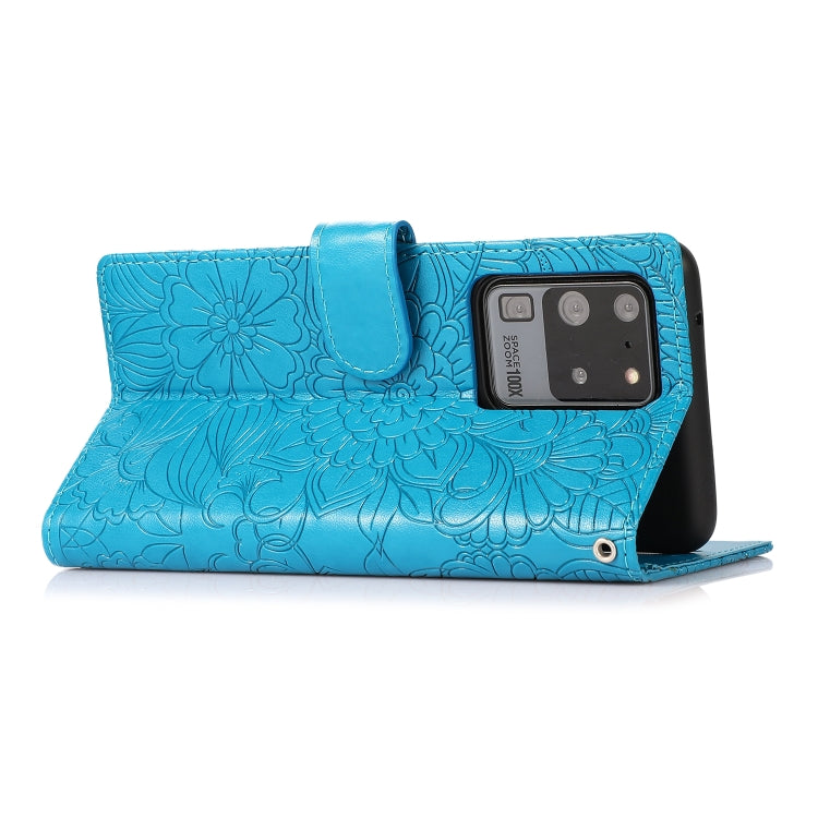For Samsung Galaxy S20 Ultra Skin Feel Embossed Sunflower Horizontal Flip Leather Case with Holder & Card Slots & Wallet & Lanyard