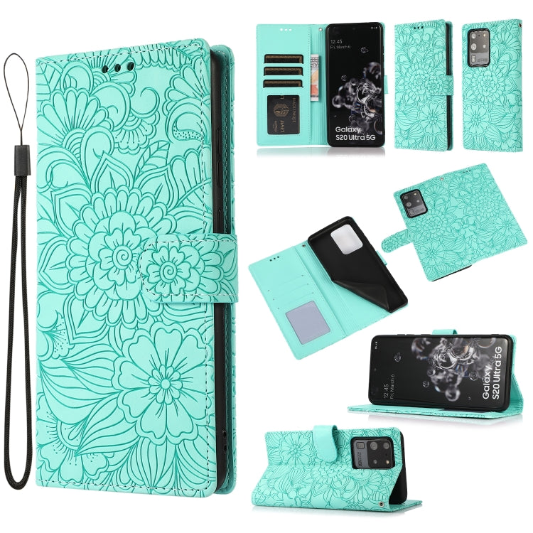 For Samsung Galaxy S20 Ultra Skin Feel Embossed Sunflower Horizontal Flip Leather Case with Holder & Card Slots & Wallet & Lanyard