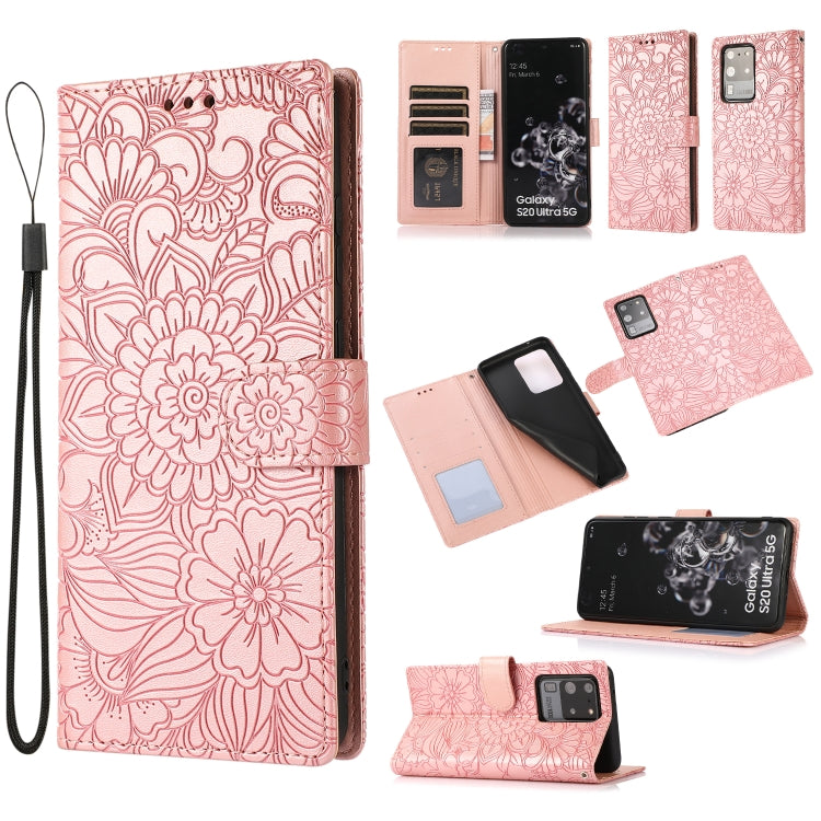 For Samsung Galaxy S20 Ultra Skin Feel Embossed Sunflower Horizontal Flip Leather Case with Holder & Card Slots & Wallet & Lanyard