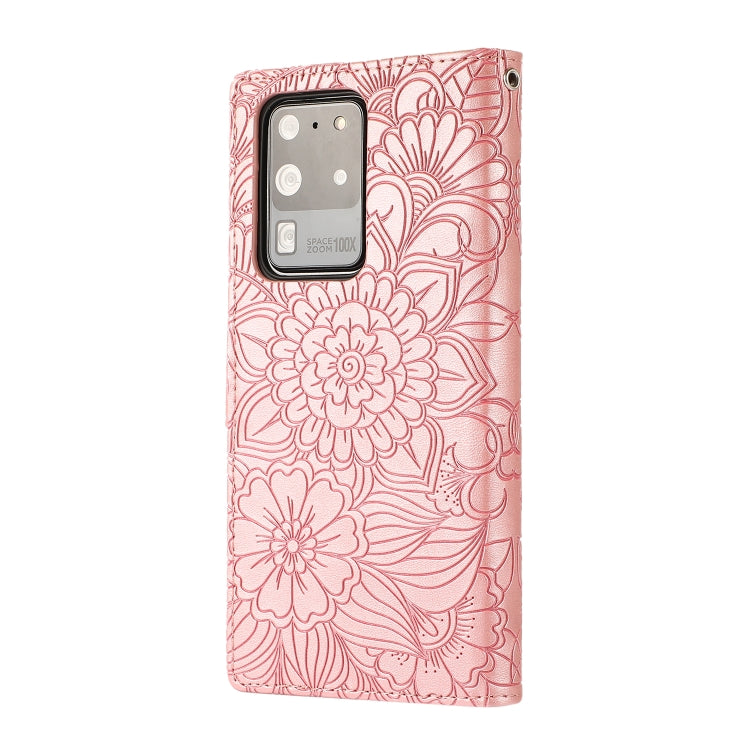 For Samsung Galaxy S20 Ultra Skin Feel Embossed Sunflower Horizontal Flip Leather Case with Holder & Card Slots & Wallet & Lanyard