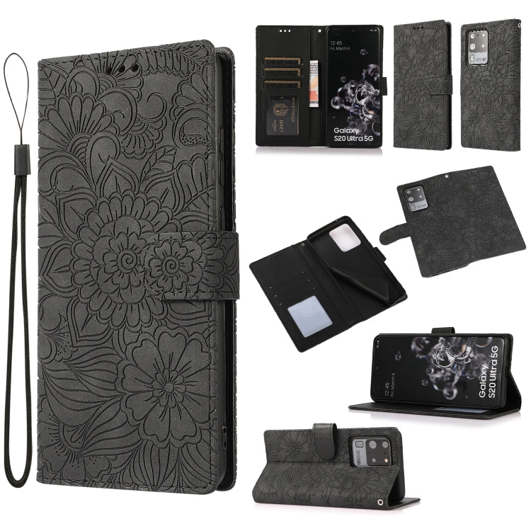 For Samsung Galaxy S20 Ultra Skin Feel Embossed Sunflower Horizontal Flip Leather Case with Holder & Card Slots & Wallet & Lanyard