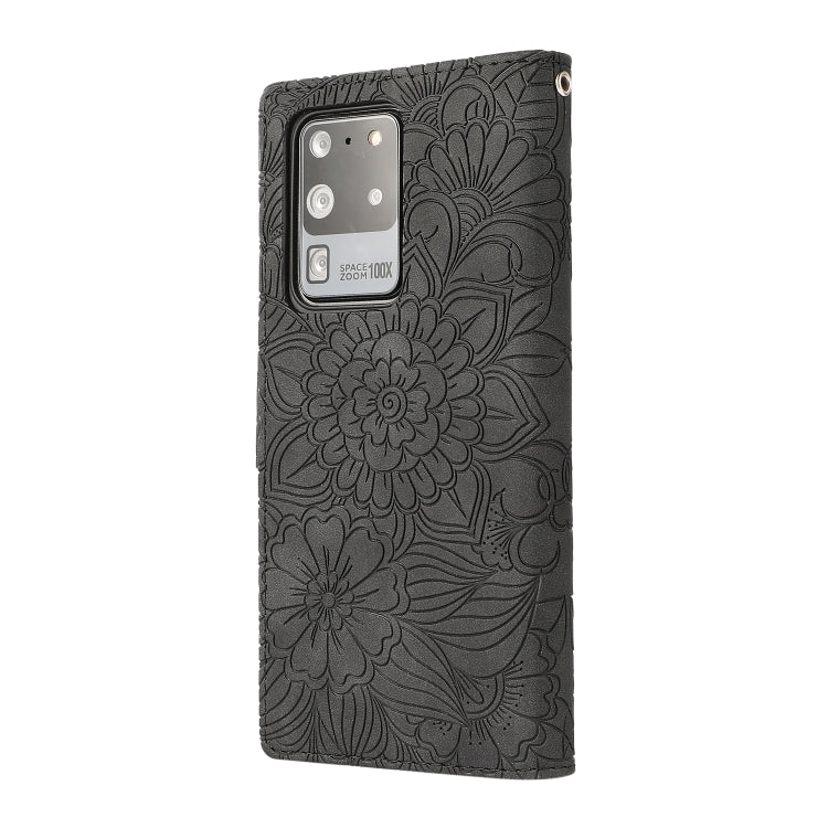 For Samsung Galaxy S20 Ultra Skin Feel Embossed Sunflower Horizontal Flip Leather Case with Holder & Card Slots & Wallet & Lanyard