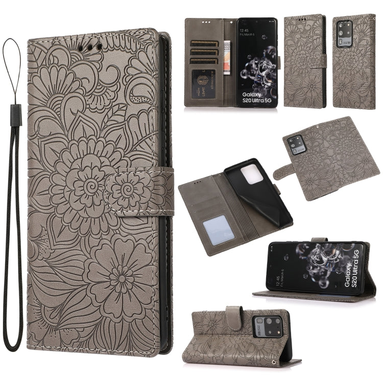For Samsung Galaxy S20 Ultra Skin Feel Embossed Sunflower Horizontal Flip Leather Case with Holder & Card Slots & Wallet & Lanyard