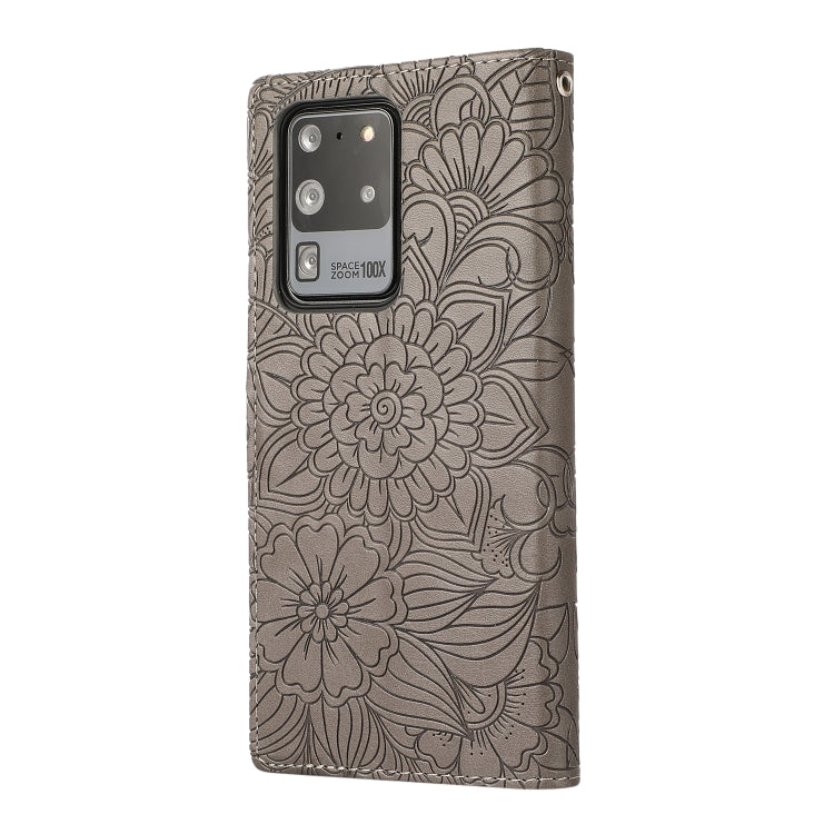 For Samsung Galaxy S20 Ultra Skin Feel Embossed Sunflower Horizontal Flip Leather Case with Holder & Card Slots & Wallet & Lanyard