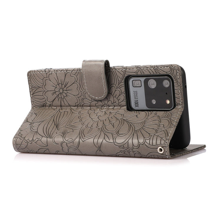 For Samsung Galaxy S20 Ultra Skin Feel Embossed Sunflower Horizontal Flip Leather Case with Holder & Card Slots & Wallet & Lanyard