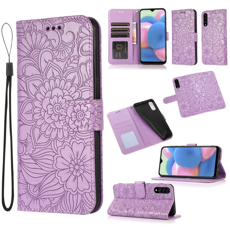 For Samsung Galaxy A30s Skin Feel Embossed Sunflower Horizontal Flip Leather Case with Holder & Card Slots & Wallet & Lanyard