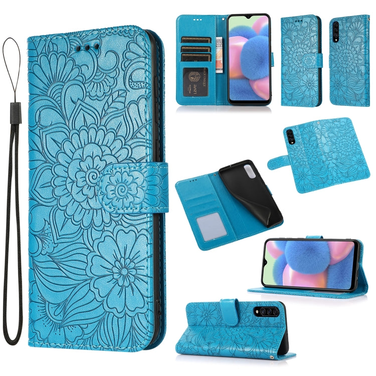 For Samsung Galaxy A30s Skin Feel Embossed Sunflower Horizontal Flip Leather Case with Holder & Card Slots & Wallet & Lanyard