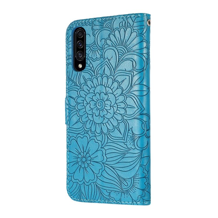 For Samsung Galaxy A30s Skin Feel Embossed Sunflower Horizontal Flip Leather Case with Holder & Card Slots & Wallet & Lanyard