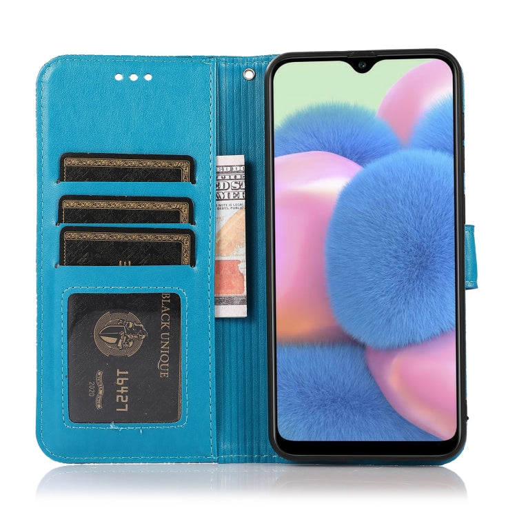 For Samsung Galaxy A30s Skin Feel Embossed Sunflower Horizontal Flip Leather Case with Holder & Card Slots & Wallet & Lanyard