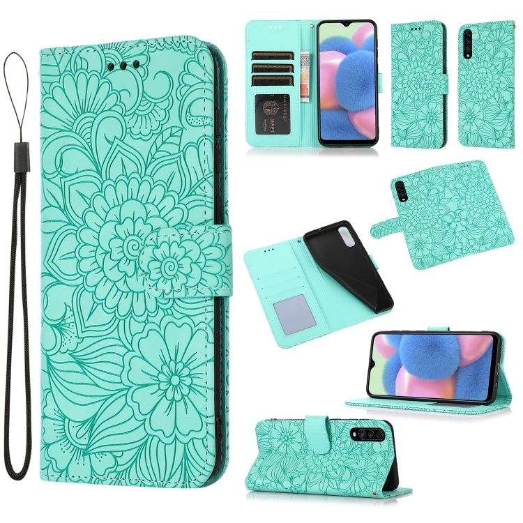 For Samsung Galaxy A30s Skin Feel Embossed Sunflower Horizontal Flip Leather Case with Holder & Card Slots & Wallet & Lanyard
