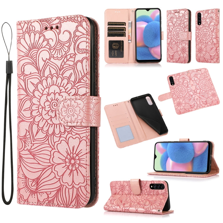 For Samsung Galaxy A30s Skin Feel Embossed Sunflower Horizontal Flip Leather Case with Holder & Card Slots & Wallet & Lanyard