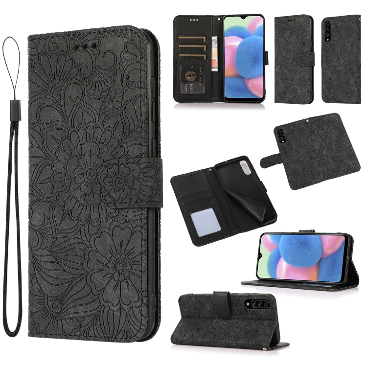 For Samsung Galaxy A30s Skin Feel Embossed Sunflower Horizontal Flip Leather Case with Holder & Card Slots & Wallet & Lanyard