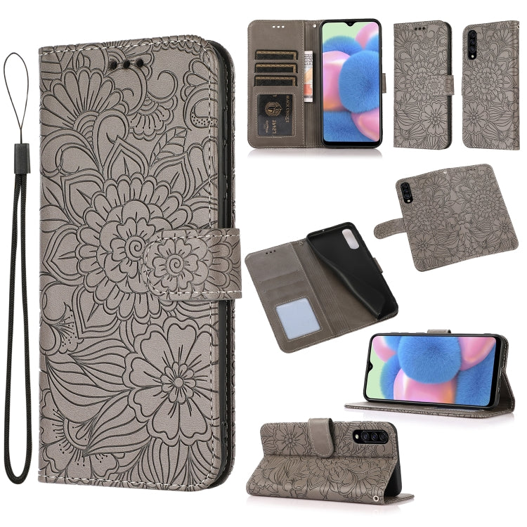 For Samsung Galaxy A30s Skin Feel Embossed Sunflower Horizontal Flip Leather Case with Holder & Card Slots & Wallet & Lanyard