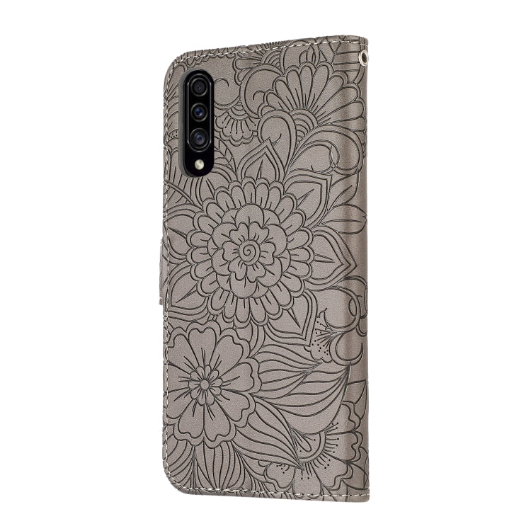For Samsung Galaxy A30s Skin Feel Embossed Sunflower Horizontal Flip Leather Case with Holder & Card Slots & Wallet & Lanyard