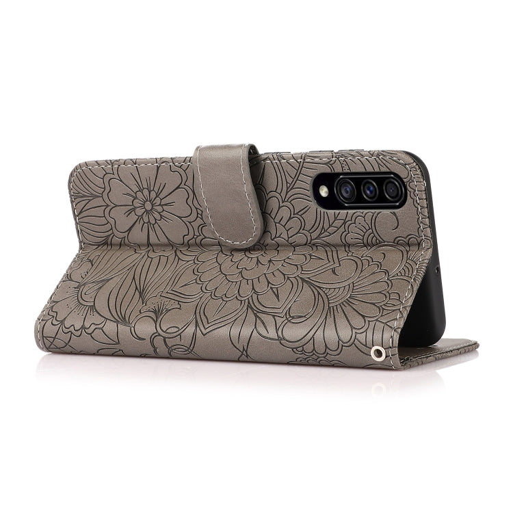For Samsung Galaxy A30s Skin Feel Embossed Sunflower Horizontal Flip Leather Case with Holder & Card Slots & Wallet & Lanyard