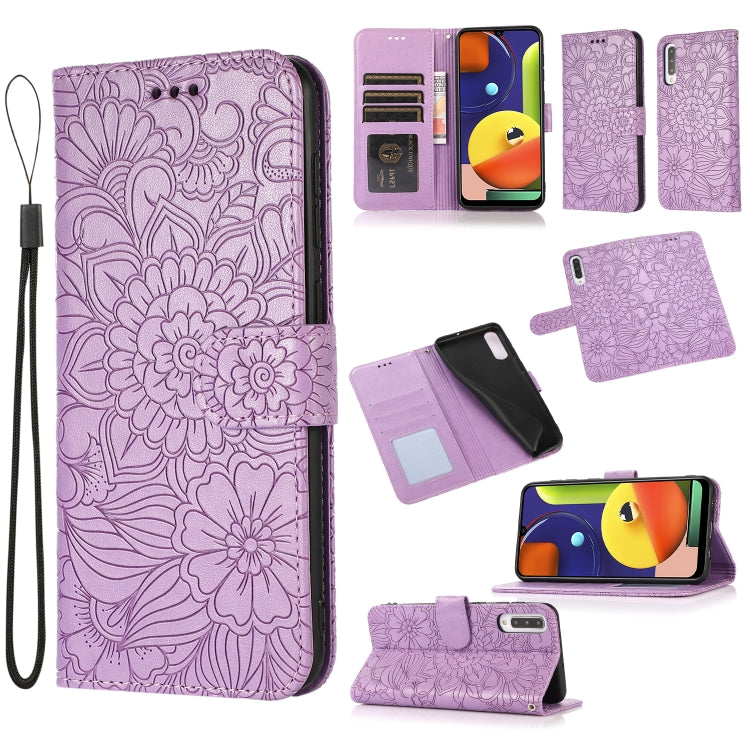 For Samsung Galaxy A50s Skin Feel Embossed Sunflower Horizontal Flip Leather Case with Holder & Card Slots & Wallet & Lanyard