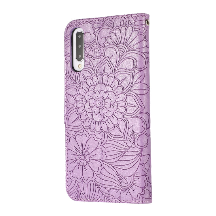 For Samsung Galaxy A50s Skin Feel Embossed Sunflower Horizontal Flip Leather Case with Holder & Card Slots & Wallet & Lanyard