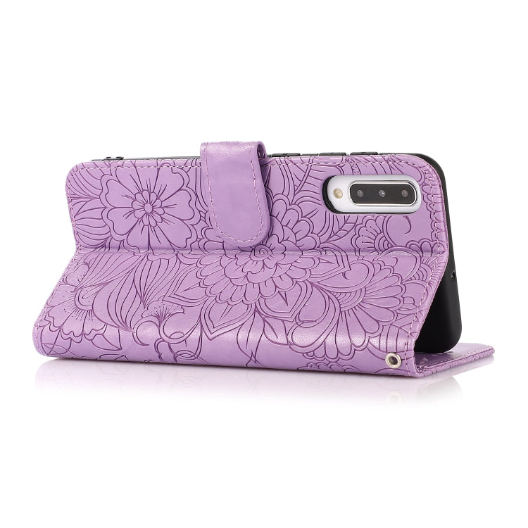 For Samsung Galaxy A50s Skin Feel Embossed Sunflower Horizontal Flip Leather Case with Holder & Card Slots & Wallet & Lanyard